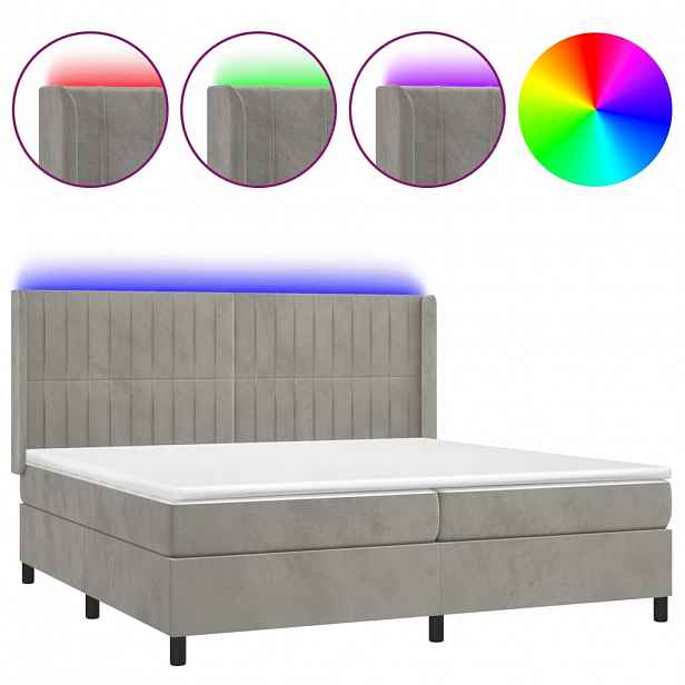 vidaXL Box spring postel s matrací a LED světle šedá 200x200 cm samet