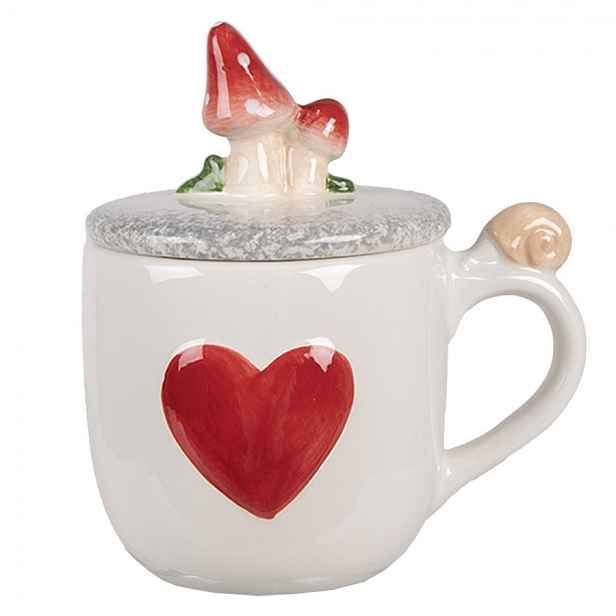 Bílý hrnek se srdíčkem a víčkem s houbičkami - 14*10*9 /15 cm / 400 ml Clayre & Eef