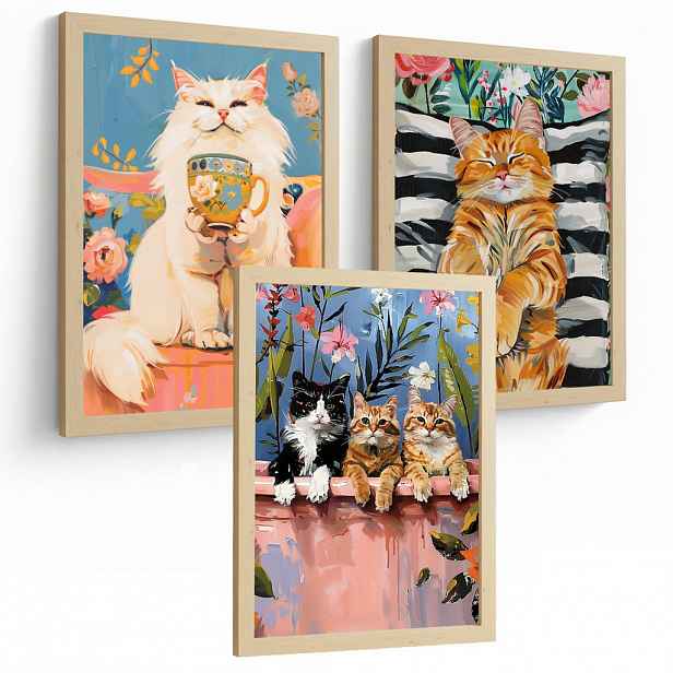 Nacnic PLAKAT Sada 3 Funny Cats A4 Lehký dřevěný rám