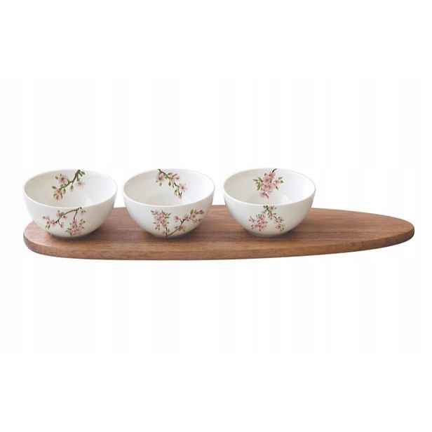 Porcelánové bílé předkrmové misky květina Sakura akáciová podložka