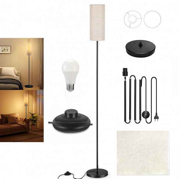 Stojací Lampa Podlahová Lampa S Žárovkou E27 Noční Lampa Lněné Stínidlo 175 CM