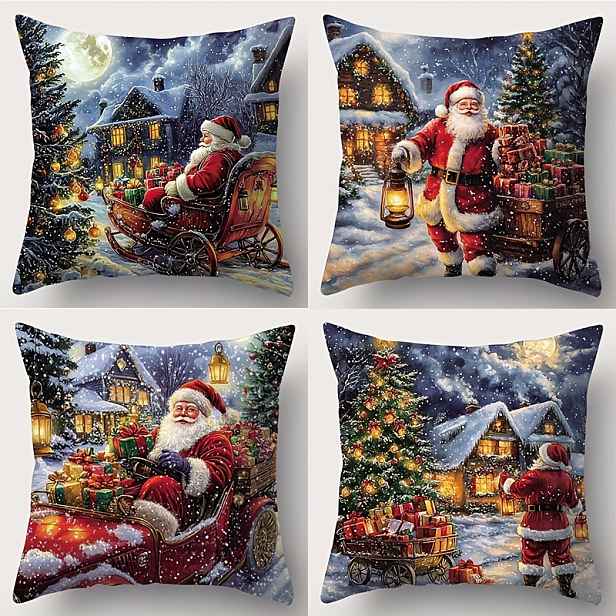 TEMU 4 ks, Vánočně motivovaný hřejivý dárek s Santa , vánočního stromku, bobů, soba a povlakem na polštář s designem dárku, o rozměrech 17.72 X 17.72
