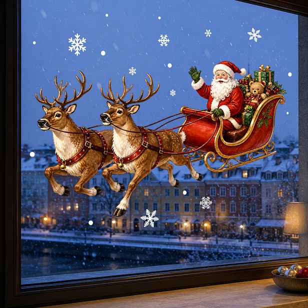 TEMU Sada 2 ks: Skleněné samolepky Santa Claus a sobí spřežení, oboustranně viditelné - Obsahuje 1 Santa houpajícího se na houpačce, sobí spřežení a