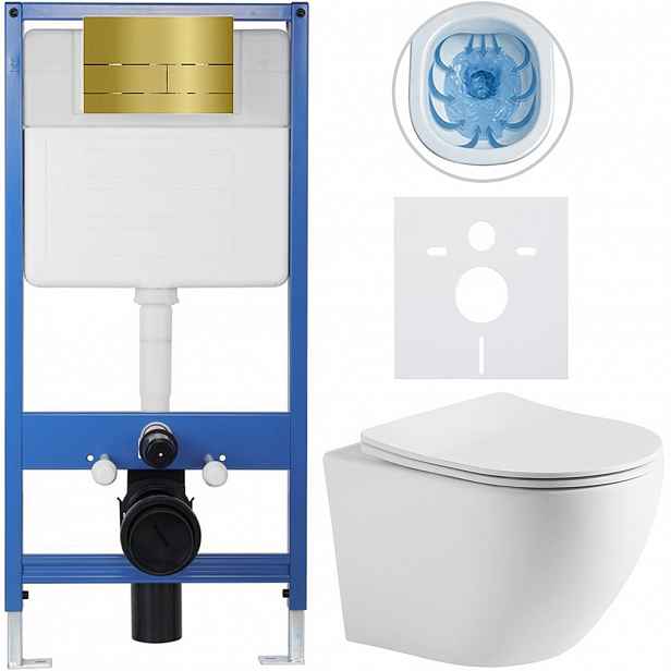 Kompletní WC set Profi/Cesso - bílá matná - WC tlačítko Line/Zlatá - předstěnová instalace - 49x36 cm