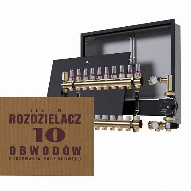 Rozdělovač pro podlahovku 10 okruhů se skupinou Grundfos podomítkový černý
