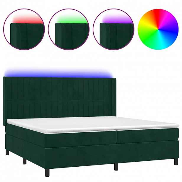 vidaXL Box spring postel s matrací a LED tmavě zelená 200x200 cm samet