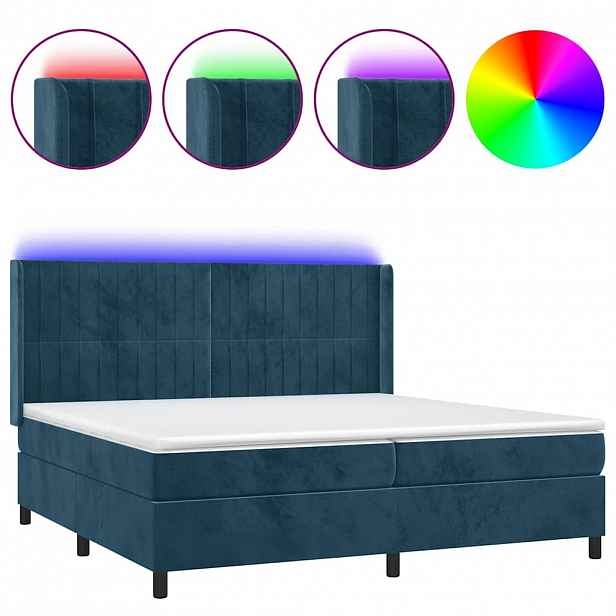 vidaXL Box spring postel s matrací a LED tmavě modrá 200x200 cm samet