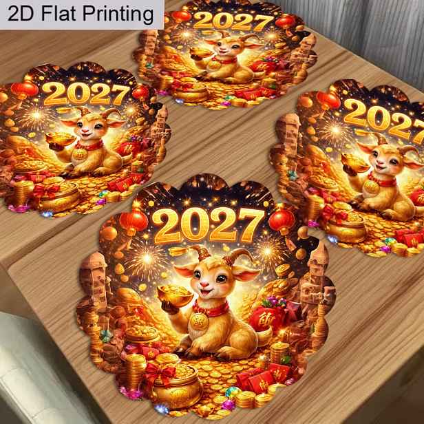 TEMU Sada 4 ks kulatých prostírání, 2D plochý tisk (ne 3D), 2027 Rok Kozla Bohatství přitahující potištěná kulatá prostírání, polyesterový materiál,
