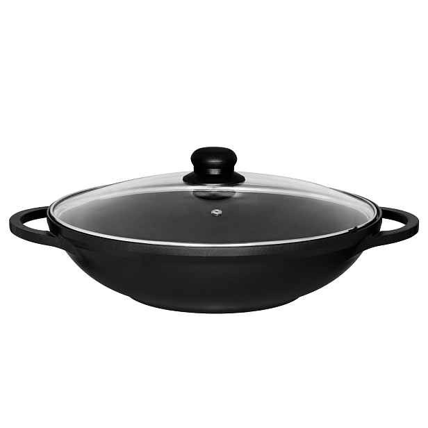 Keramický Wok S Úchytkami Černý Kulatý S Víkem Ø 32 cm
