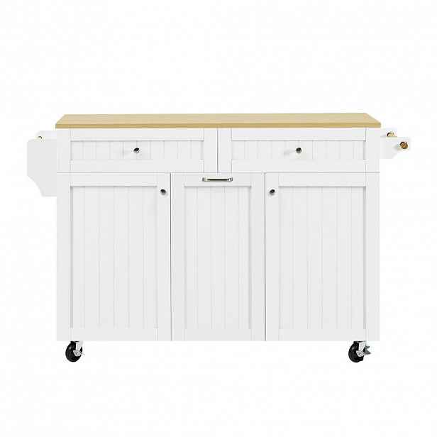 Redom KUCHYŇSKÝ ostrůvek 140/40-70/92 cm s výsuvnou a sklápěcí pracovní deskou, úložným prostorem a kolečky, Bílá a přírodní