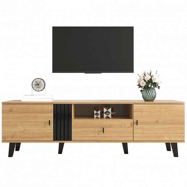 Modfu TV stolek z dřevotřísky a skla 170x40x50,5 cm přírodní/černá se 2 dvířky, zásuvkou a otevřenou přihrádkou