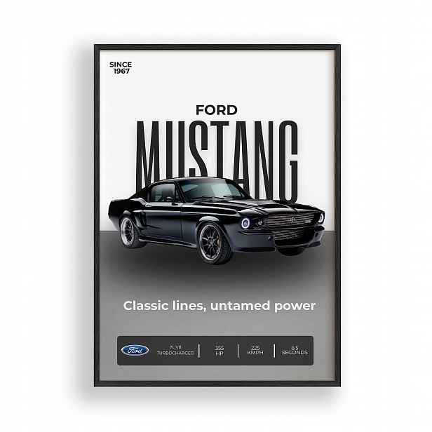 Obraz Ford Mustang Fastback 1967 Plakát Rámeček Dřevěný Černý 30x42 cm