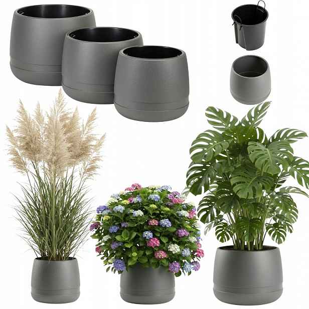 Set Zahradních Květináčů Šedé, plastové květináče s vložkou na terasu, obal