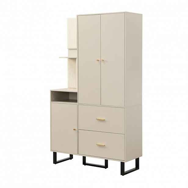 Modfu PŘEDSÍŇOVÁ šatní skříň z MDF 110x38x186 cm béžovo-šedá s výsuvnou tyčí, zásuvkami a čalouněnými panely