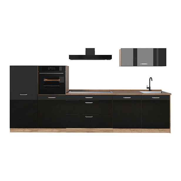 Vicco KUCHYŇSKÝ KOUT R-Line, Černý vysoký lesk/Zlatý mocný dub, 340 cm pracovná doska Dub Goldkraft