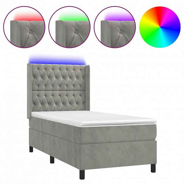 vidaXL Box spring postel s matrací a LED světle šedá 90x190 cm samet