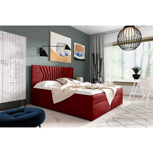 Čalouněná postel s prošívaným čelem AKIM - 140x220, červená + topper ZDARMA