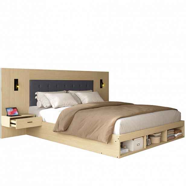Modfu MANŽELSKÁ postel z MDF 180x200 cm světlý dub s USB, portem Type-C, lampičkami a úložnými policemi