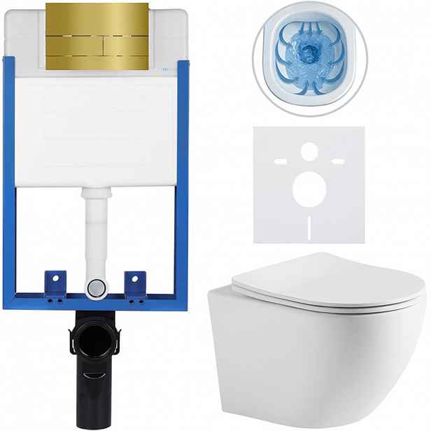 Kompletní WC set Profi/Cesso - bílá matná - WC tlačítko Line/Zlatá - pro zazdění - 49x36 cm