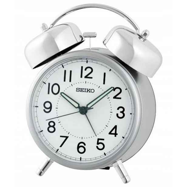 Velký Stříbrný Retro Budík Se Zvonky Seiko QHK063S, Netikající, Hlasitý Alarm