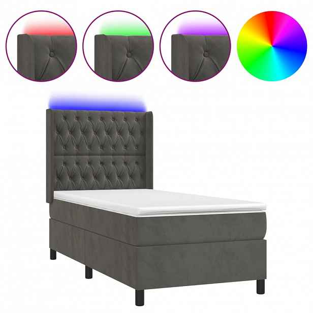 vidaXL Box spring postel s matrací a LED tmavě šedá 90x190 cm samet