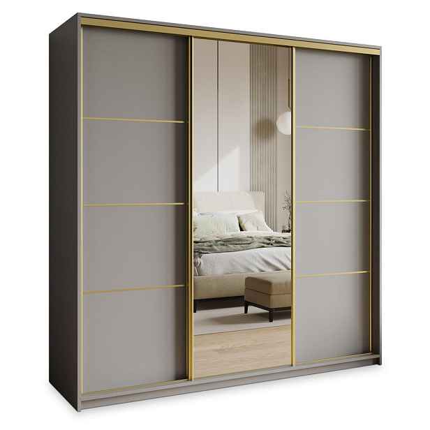 MASSENO ŠATNÍ SKŘÍŇ S POSUVNÝMI DVEŘMI VARO, 200/205/60 cm 3dveřová se zrcadlem, grafitová