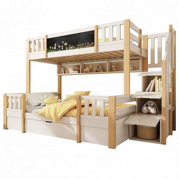 Modfu PATROVÁ postel z masivního dřeva 90x200 a 140x200 cm bílá/přírodní s tabulí, úložnými schody a zásuvkami