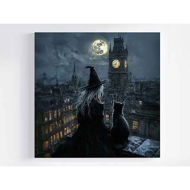 Obraz Na Plátně Canvas Čarodějka Černá Kočka Měsíc Noc Gothic Dark 50x50