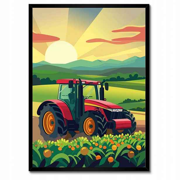 Plakáty v rámu 50x70 Traktor v poli při západu slunce
