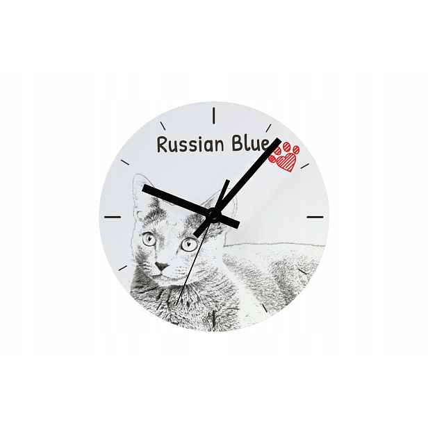 Ruská kočka modrý hodinový stroj s kočkou, závěsný a stojící, personalizace