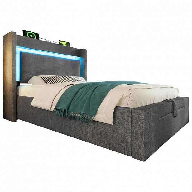 Modfu ČALOUNĚNÁ postel ze lnu 90x200 cm šedá s LED, USB-C, úložným prostorem a matrací