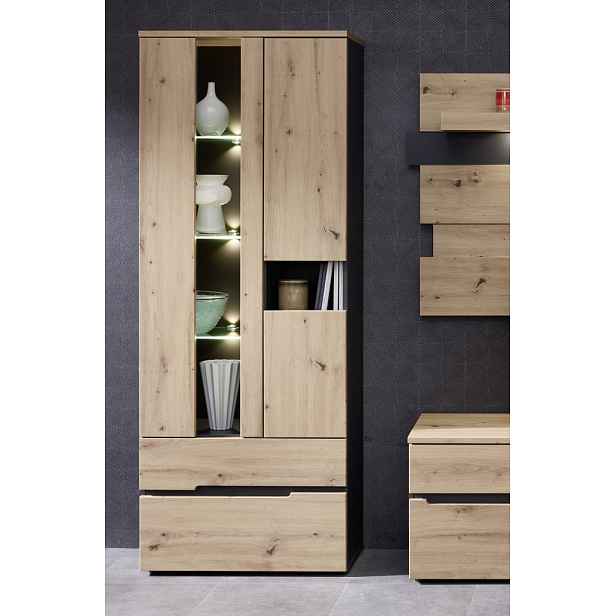 Vysoká vitrína s osvětlením Memphis, dub artisan/grafit