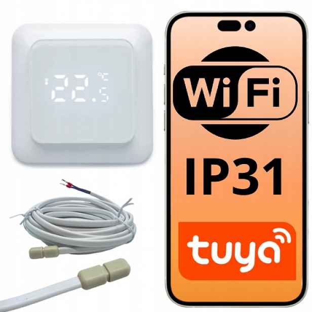WiFi termostat Tuya 16A 230V IP31 pro vytápění s podlahovým senzorem Ntc