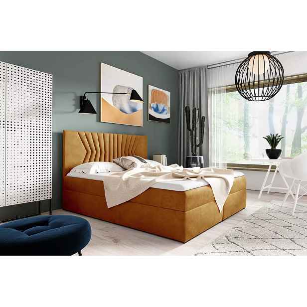 Čalouněná postel s prošívaným čelem AKIM - 140x220, žlutá + topper ZDARMA