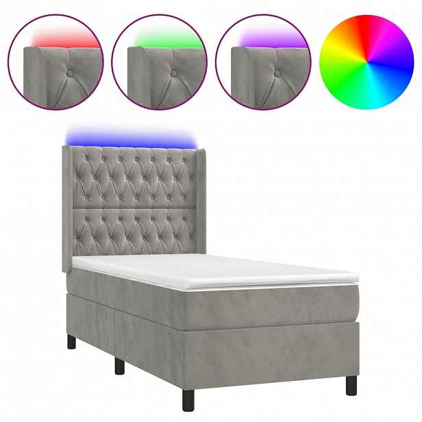 vidaXL Box spring postel s matrací a LED světle šedá 90x200 cm samet