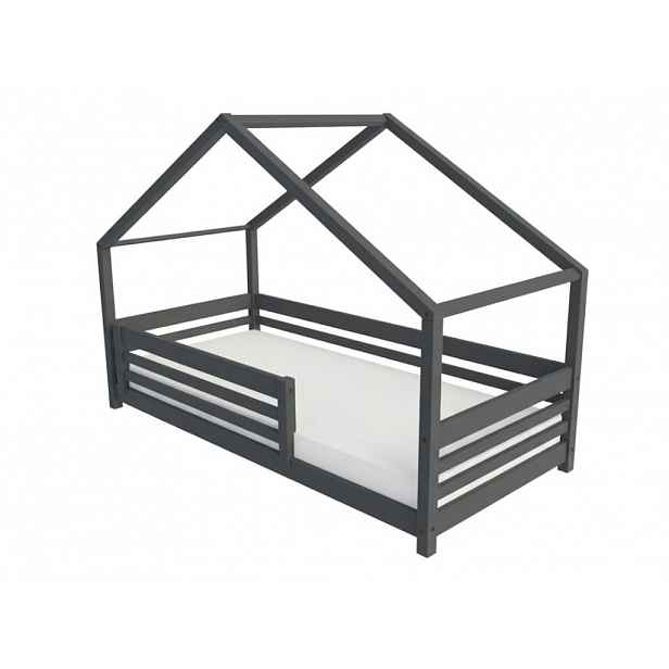 Benlemi Domečková postel TULY s předním štítem Zvolte barvu: Tmavě šedá, Zvolte rozměr: 90x190 cm, Zvolte zábranu: S jednou zábranou