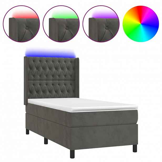vidaXL Box spring postel s matrací a LED tmavě šedá 90x200 cm samet