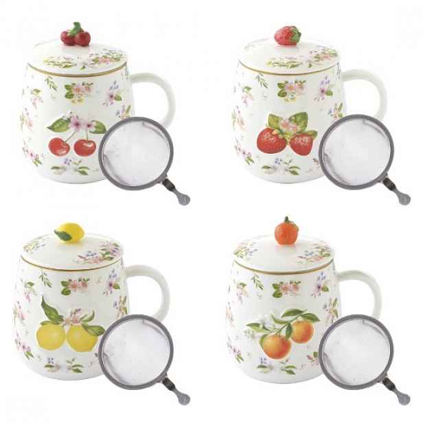Porcelánový hrnek s víčkem a kovovým nálevníkem, reliéfní design, 450m