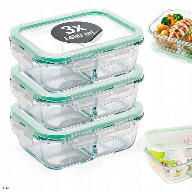 3x skleněná nádoba na potraviny 1,5L Lunchbox s žáruvzdornými přihrádkami