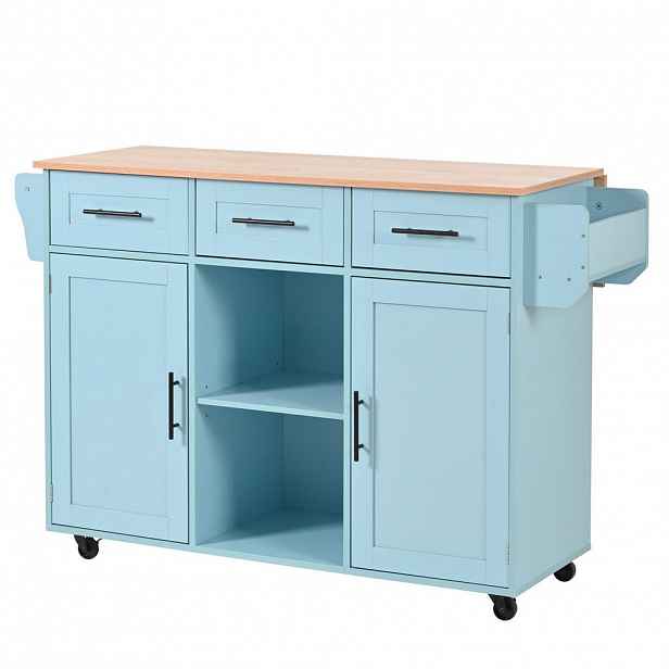 Redom KUCHYŇSKÝ ostrůvek 139/46(71)/91,5 cm s výklopnou deskou, úložným prostorem a kolečky, Modrá