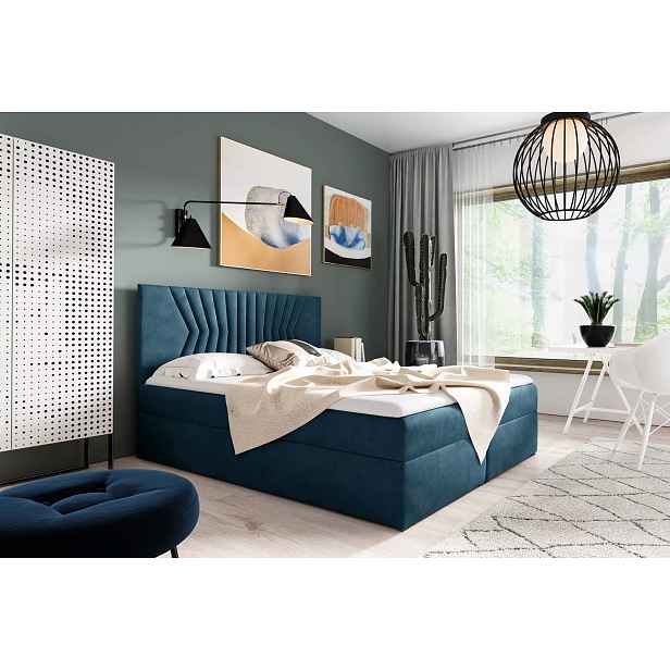 Čalouněná postel s prošívaným čelem AKIM - 160x220, modrá + topper ZDARMA