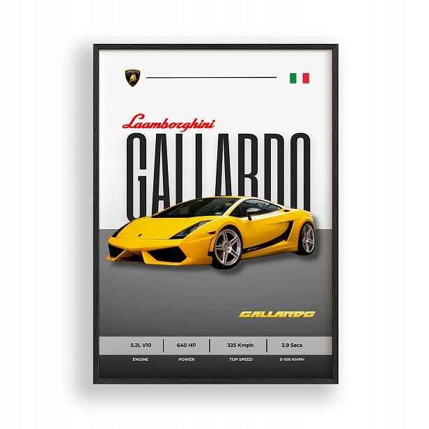 Obraz Auto Lamborghini Gallardo Plakát Rámeček Dřevěný Černý 30x42 cm
