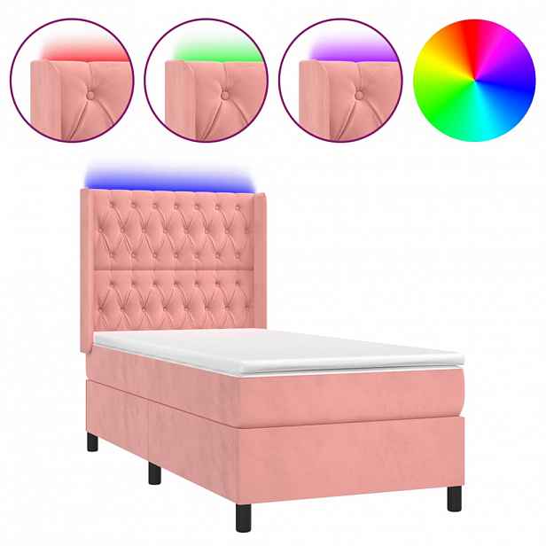 vidaXL Box spring postel s matrací a LED růžová 90x200 cm samet