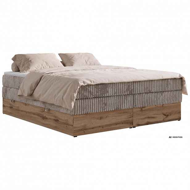 MKS POSTEL BOXSPRING WOOD ZERO KING 200/200 - Světle hnědá Manšestr - Topper Visco - H3