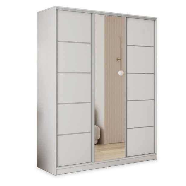 MASSENO ŠATNÍ SKŘÍŇ S POSUVNÝMI DVEŘMI PINA, 150/205/58 cm 3dveřová se zrcadlem a zásuvkami, bílá