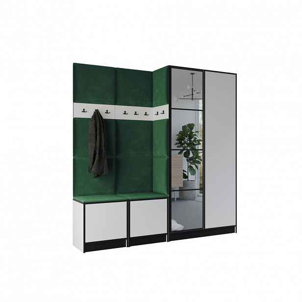 Kier Furniture ŠATNÍ SKŘÍŇ do předsíně EDEN 21 se zrcadlem - Bílá & zelená látka