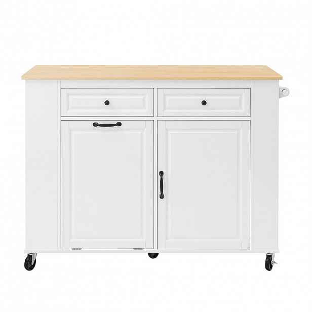 Redom KUCHYŇSKÝ ostrůvek 120/40-70/92 cm s výklopnou pracovní deskou, úložným prostorem, zásuvkami a kolečky, Bílá+Přírodní