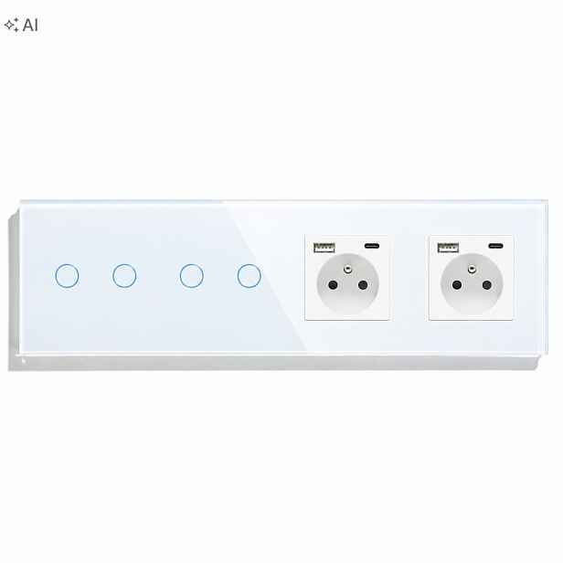 Čtyřnásobný Dotykový Spínač 2+2, Dvě Zásuvky A+c Qc 20W Skleněný Vypínač