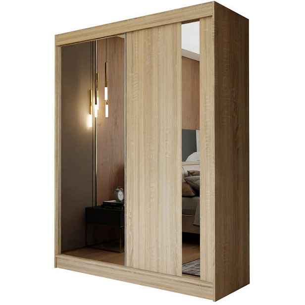MASSENO ŠATNÍ SKŘÍŇ S POSUVNÝMI DVEŘMI GRAZIA, 150/216/61 cm 2dveřová se zrcadlem, dub Sonoma