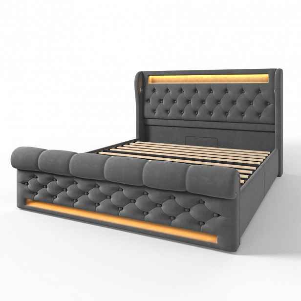 Modfu ČALOUNĚNÁ postel z sametu 140x190 cm šedá s LED osvětlením, USB a Type-C nabíjením, úložným prostorem